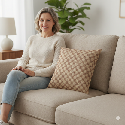 Woven Checkered Pattern Pillow | Neutral Brown Geometric Throw Pillow